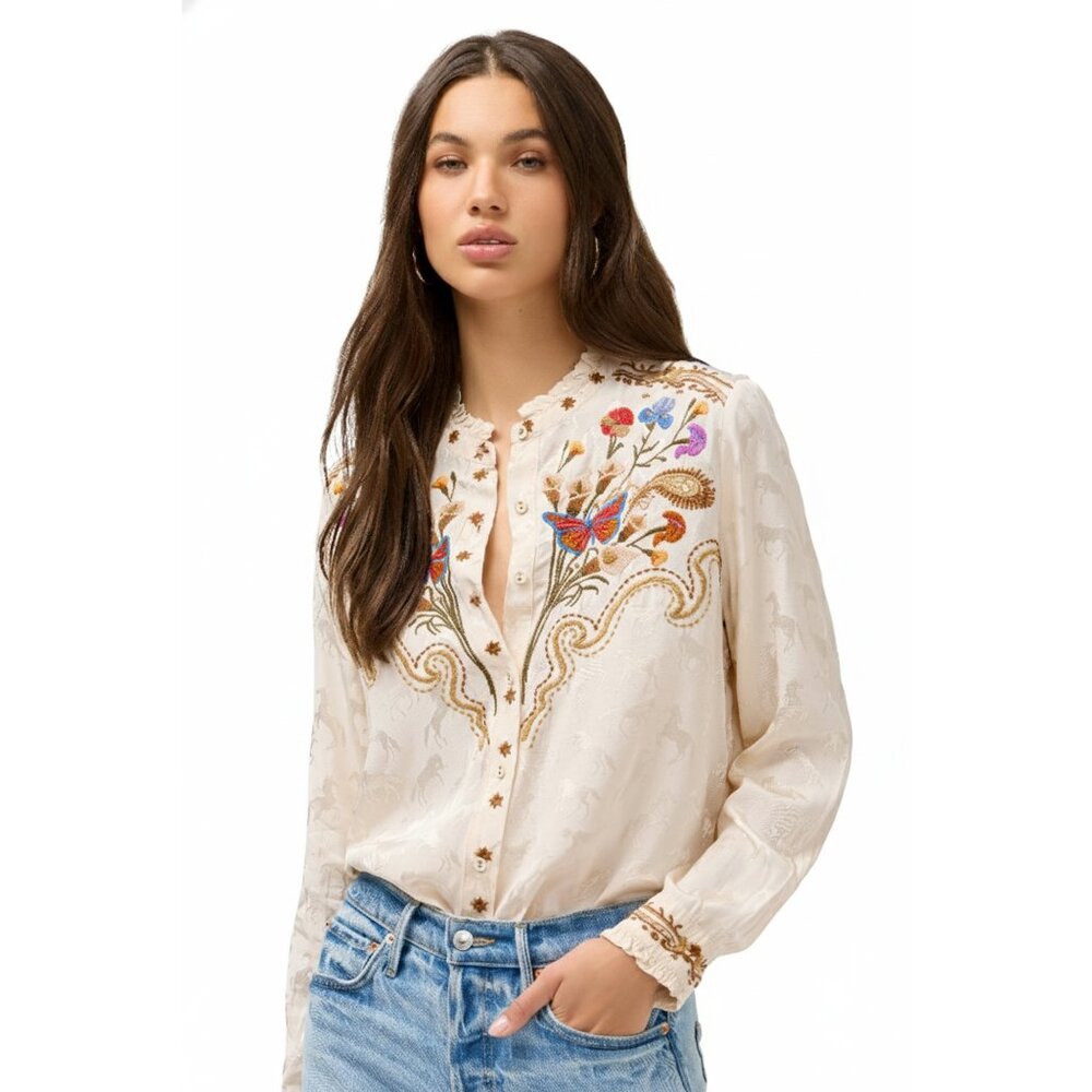 Johnny Was Durago Ruffle Shirt Horse Floral Embroidery Ecru Western Top Large NW